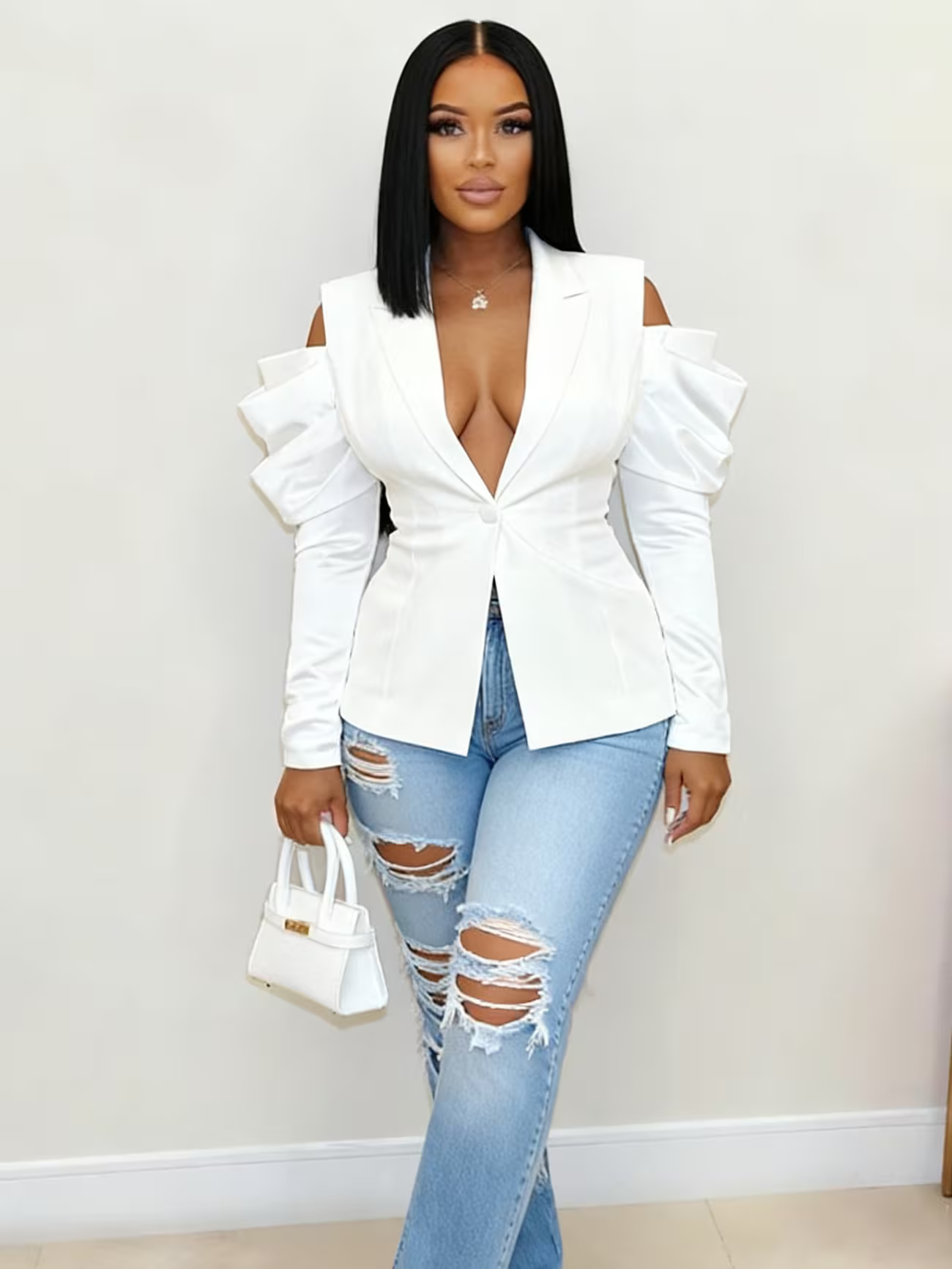 Cold Shoulder Ruffle Blazer Jacket