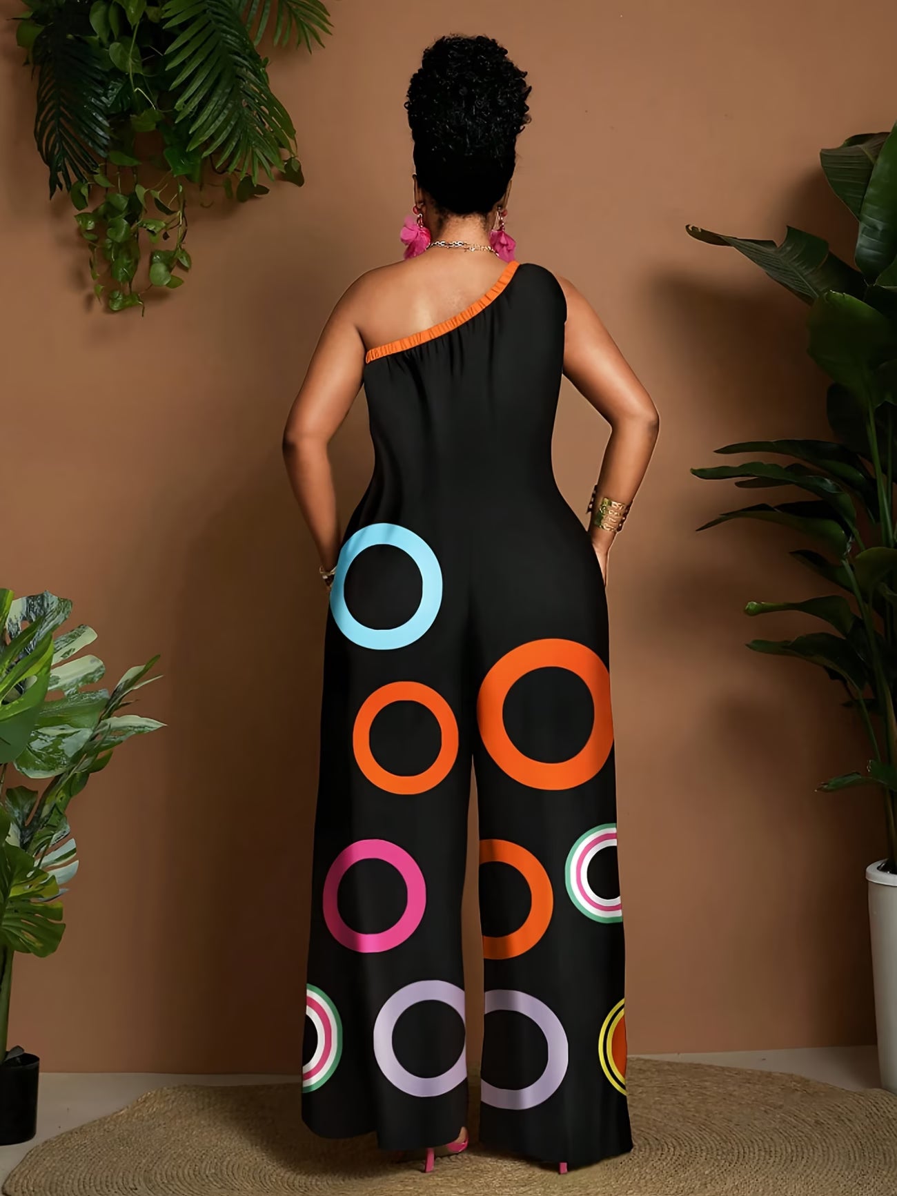 Black Circle Print One-Shoulder Jumpsuit
