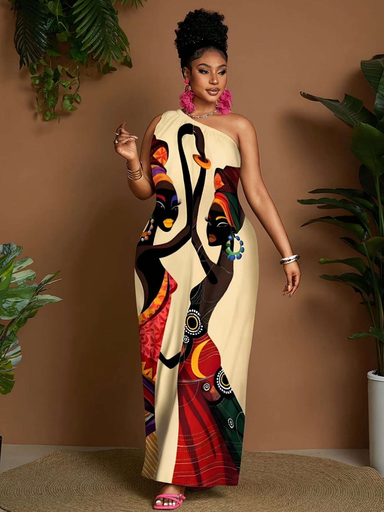 African Lady Print One-Shoulder Jumpsuit
