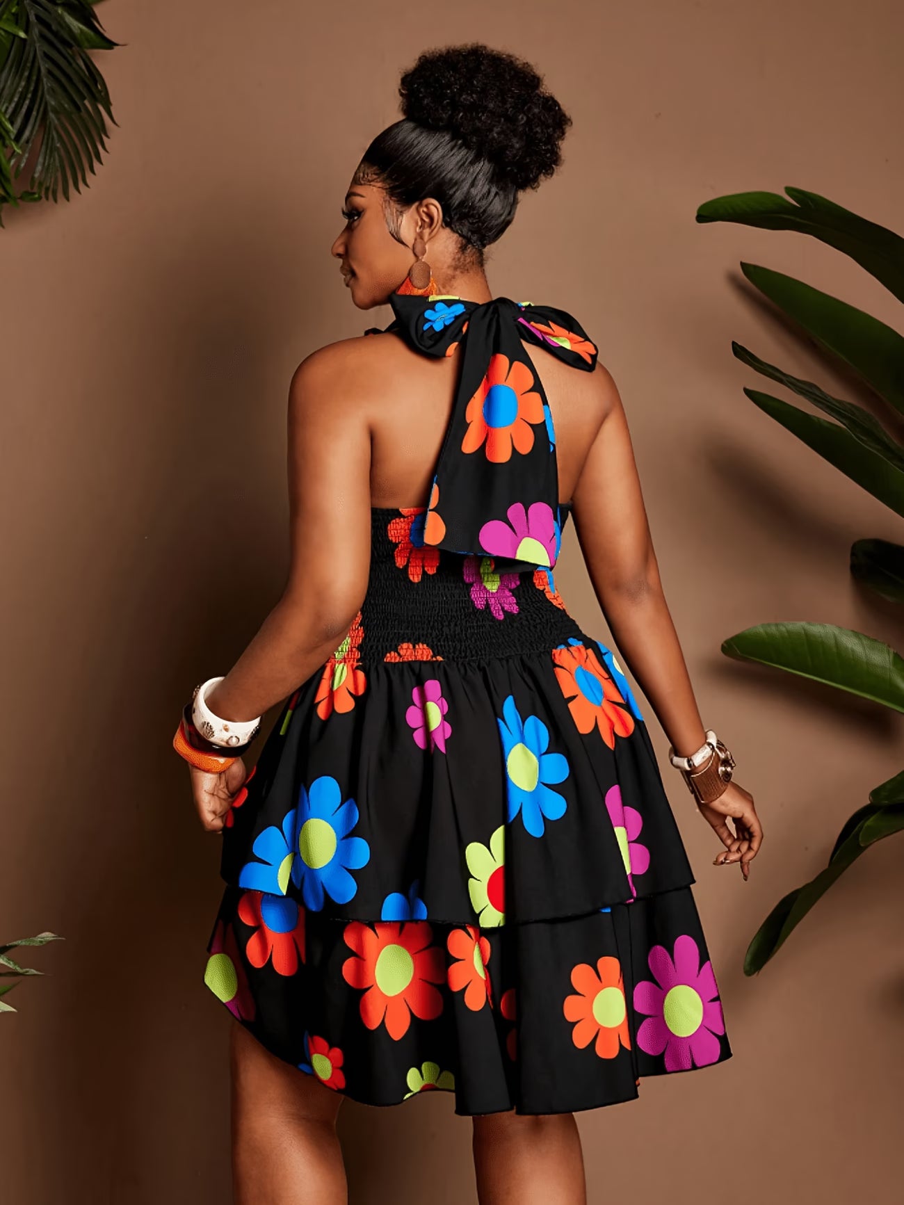 Floral Halter Neck Tiered Mini Dress