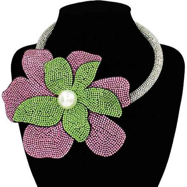 Pearl Centered Bling Studded Oversized Flower Necklace