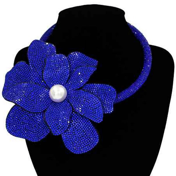 Pearl Centered Bling Studded Oversized Flower Necklace