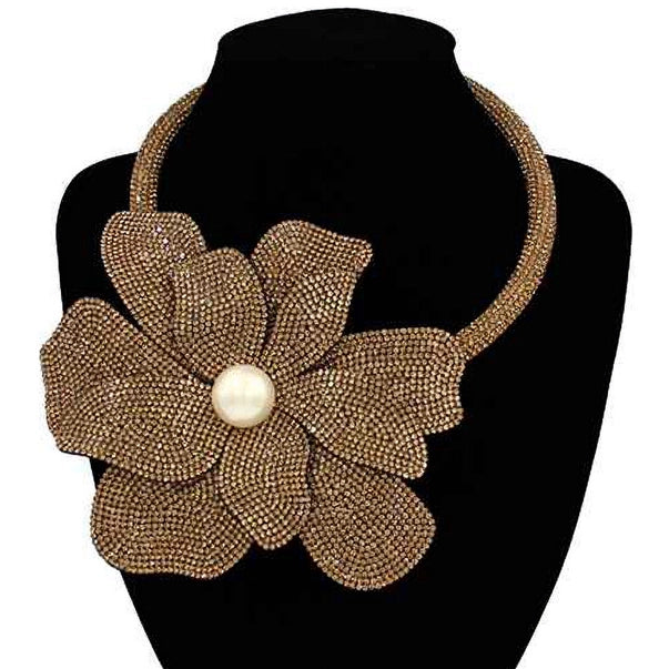 Pearl Centered Bling Studded Oversized Flower Necklace