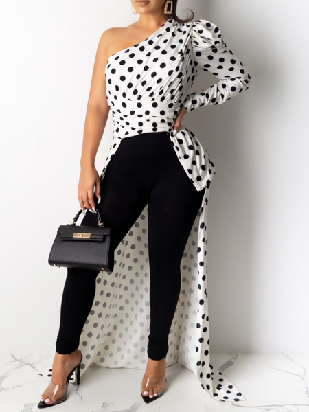 Slant-Shoulders Polka-Dot Long Top