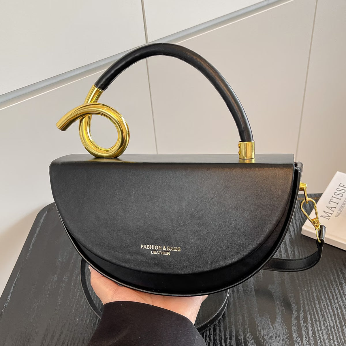 Gold Ring Handle Saddle Handbag