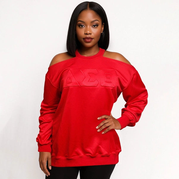Dst Greek Merch Red Cold Shoulder Sweatshirt Top