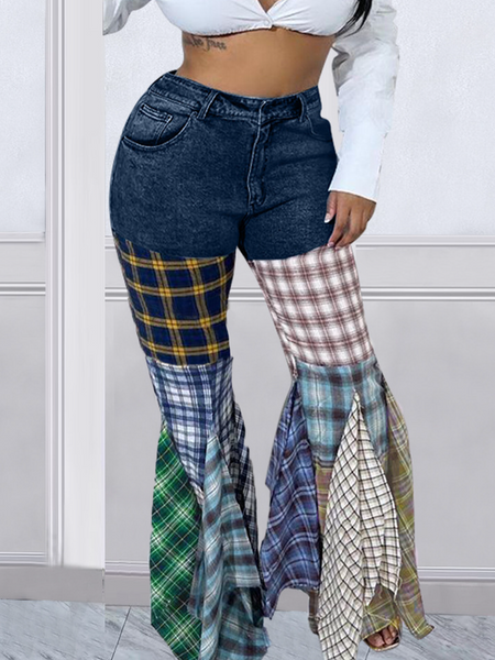 Contrasting plaid paneled denim flared pants