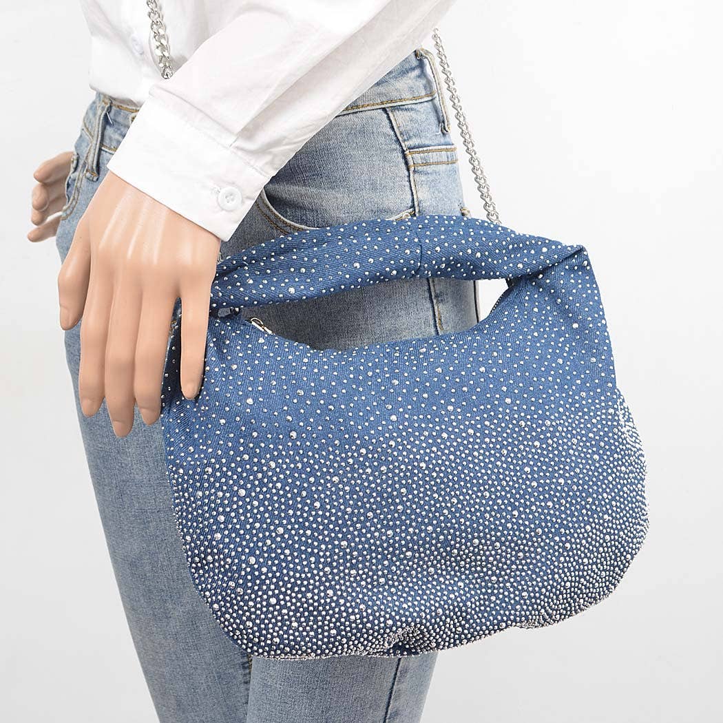 Rhinestone Hot Fix Denim Small Hobo Bag