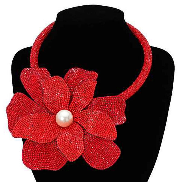 Pearl Centered Bling Studded Oversized Flower Necklace