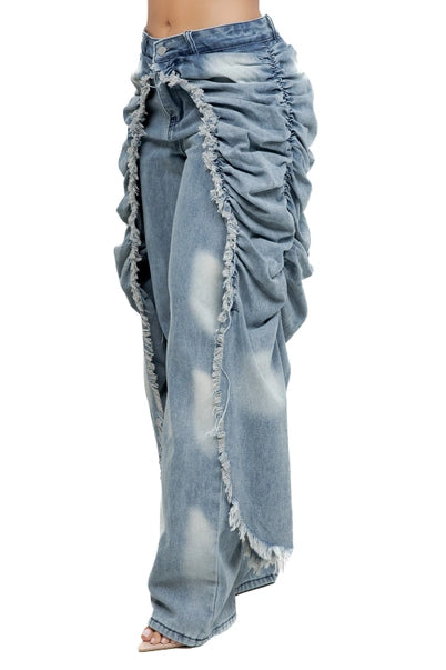 Ruched Fringe Wide Leg Jeans