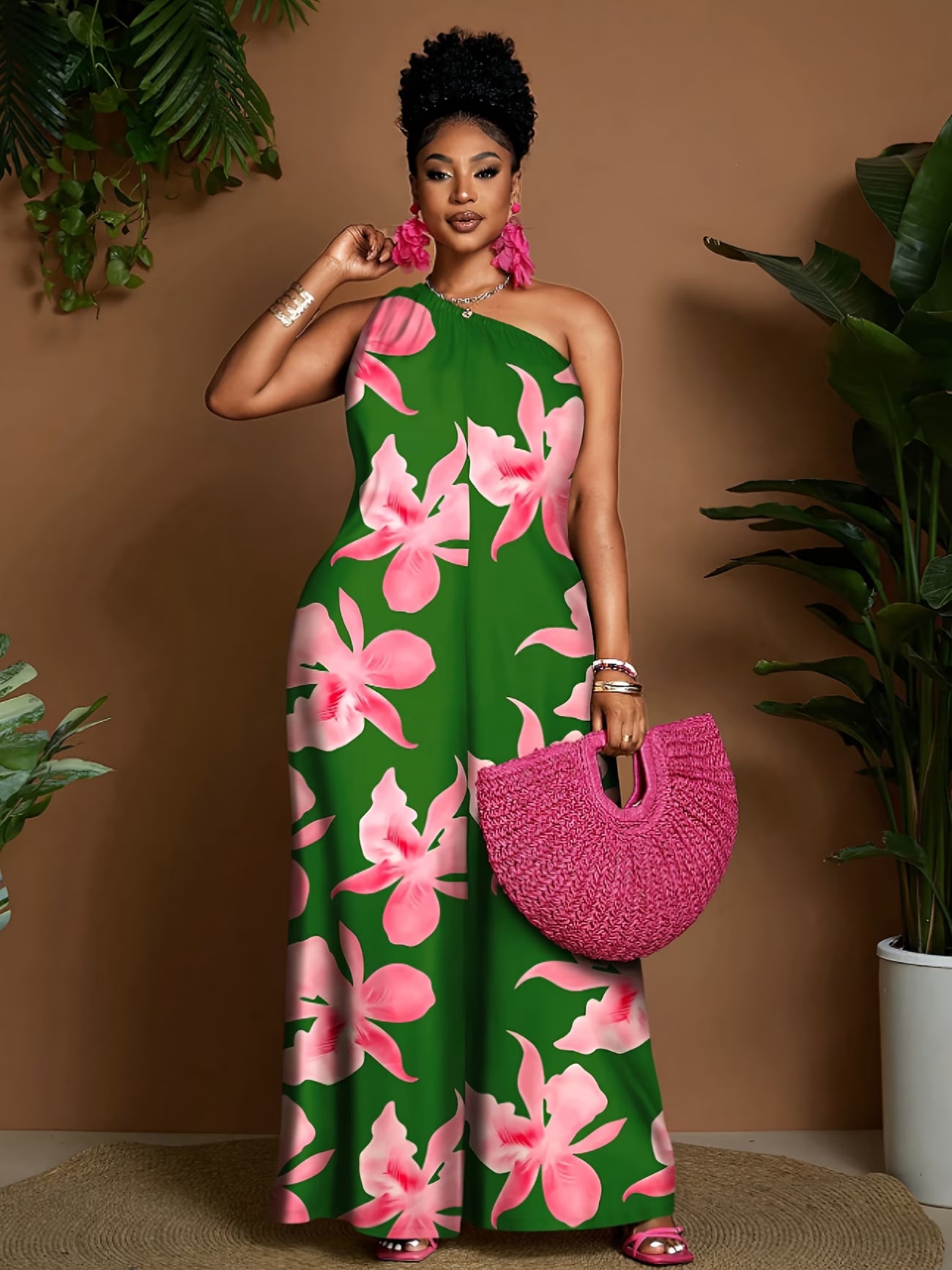 Green Floral One-Shoulder Jumpsuit