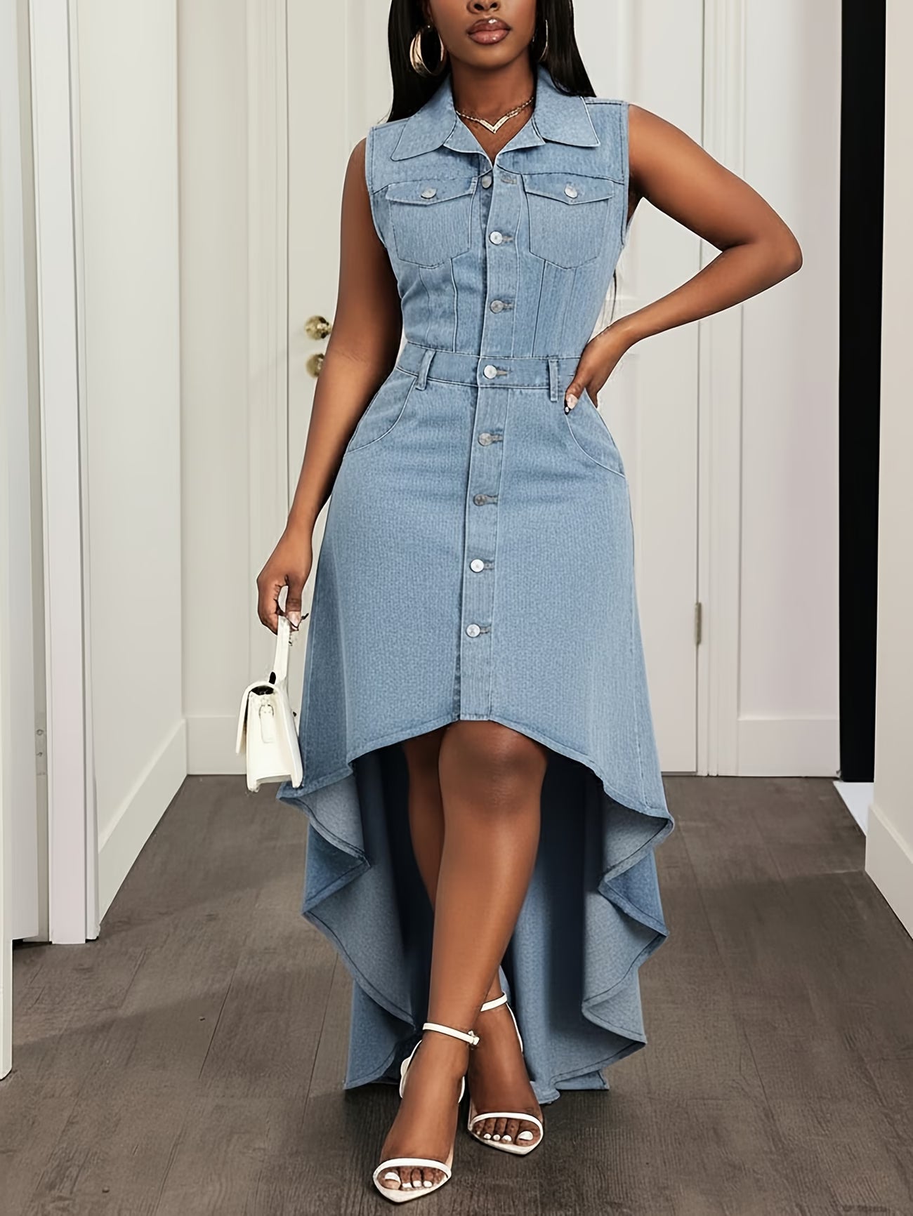 Sleeveless Button-Down Denim Hi-Low Dress