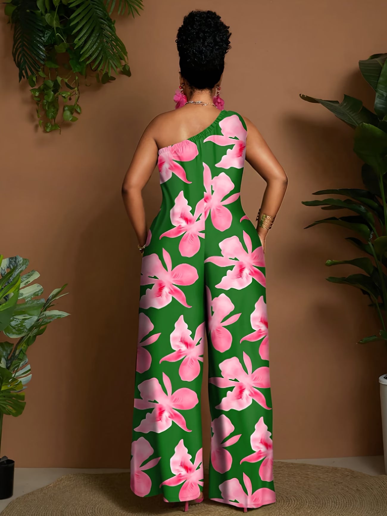 Green Floral One-Shoulder Jumpsuit