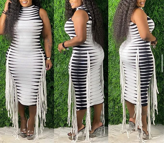 Striped Bodycon Dress with Fringe