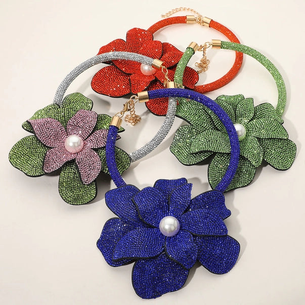 Pearl Centered Bling Studded Oversized Flower Necklace