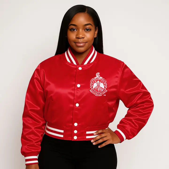 Dst Greek Apparel Cropped Satin Varsity Jacket