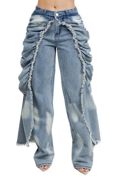 Ruched Fringe Wide Leg Jeans