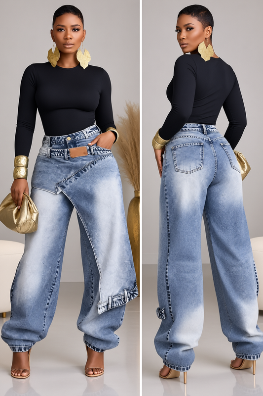 Asymmetric Belted Wide-Leg Jeans