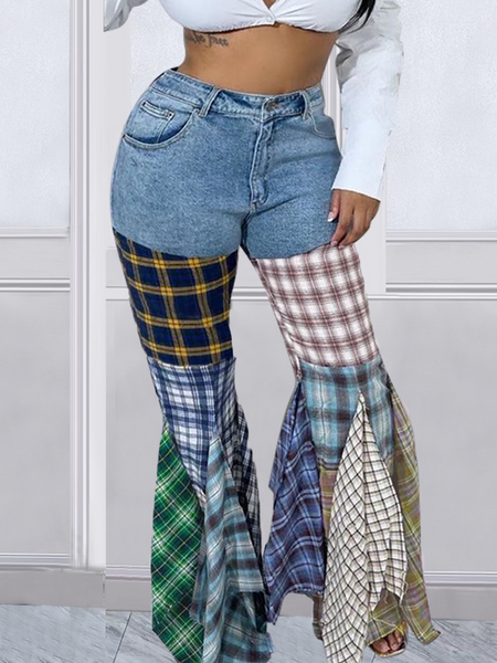 Contrasting plaid paneled denim flared pants