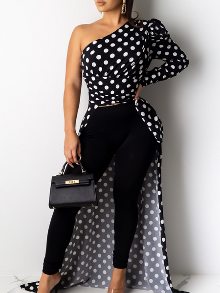 Slant-Shoulders Polka-Dot Long Top