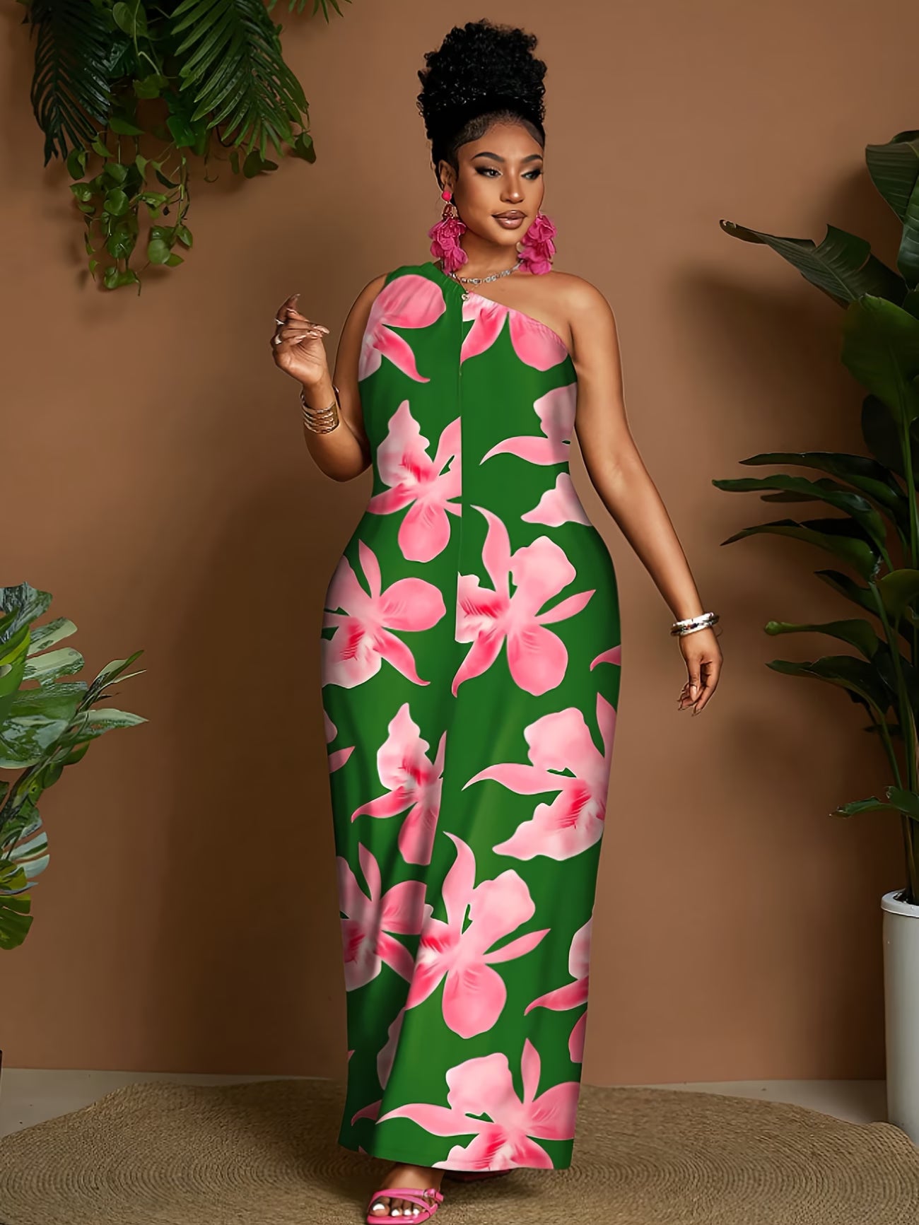 Green Floral One-Shoulder Jumpsuit