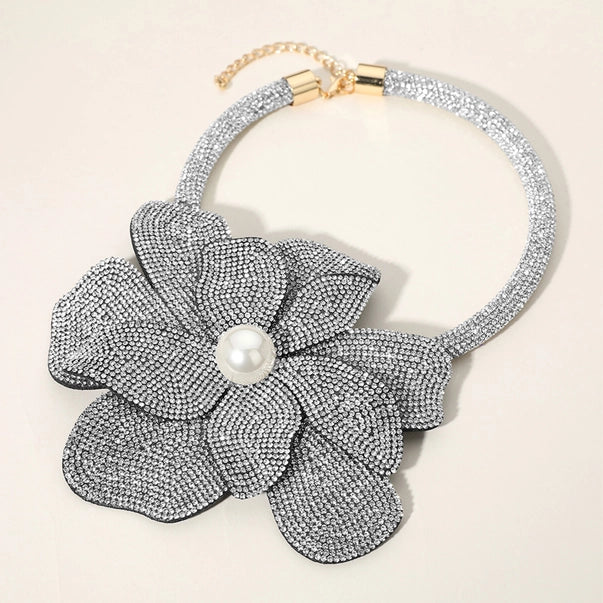 Pearl Centered Bling Studded Oversized Flower Necklace
