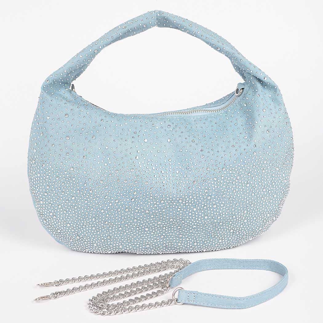 Rhinestone Hot Fix Denim Small Hobo Bag