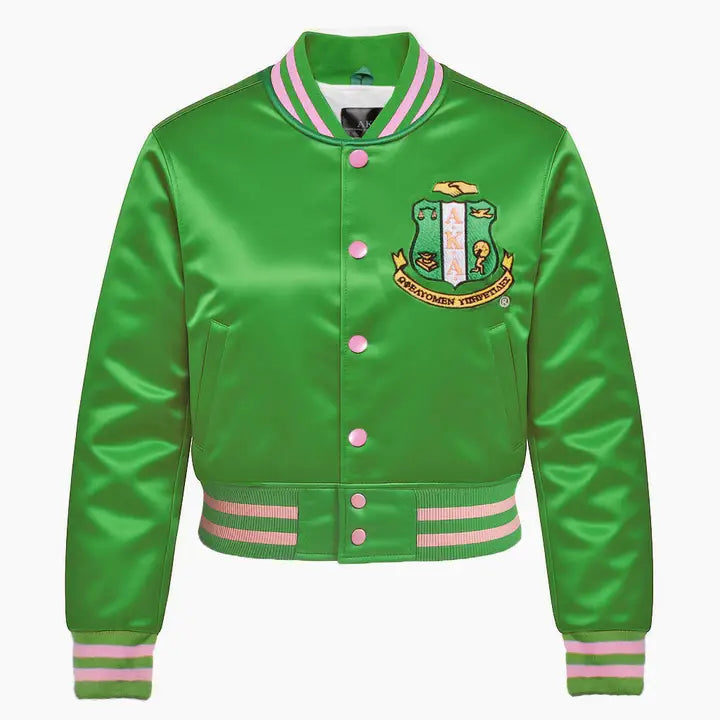 Aka Greek Apparel Cropped Satin Varsity Jacket