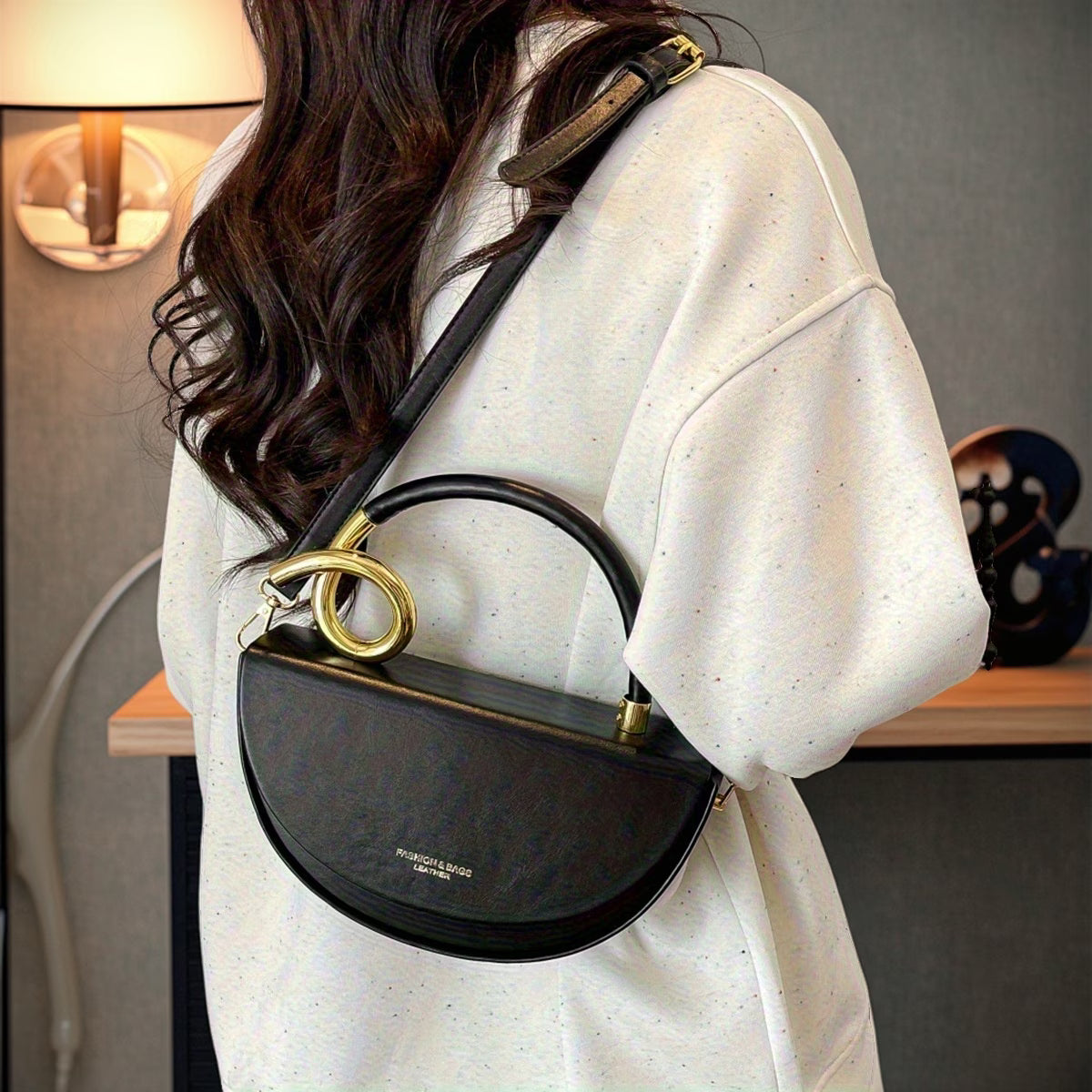 Gold Ring Handle Saddle Handbag