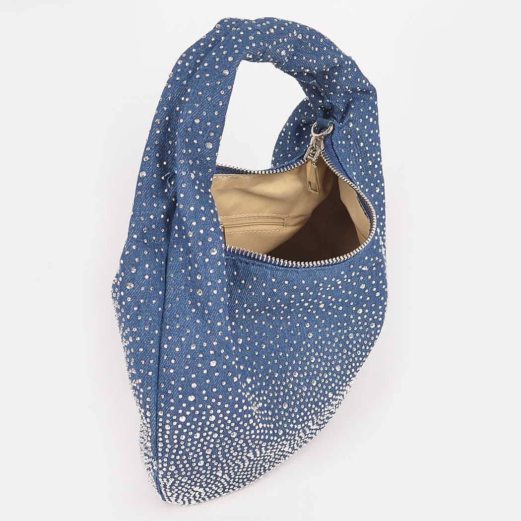 Rhinestone Hot Fix Denim Small Hobo Bag