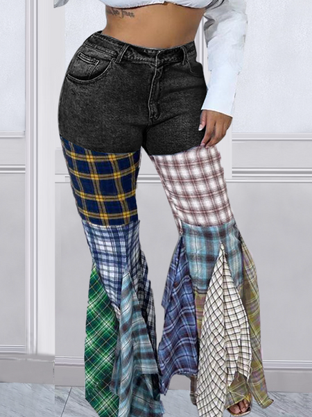 Contrasting plaid paneled denim flared pants