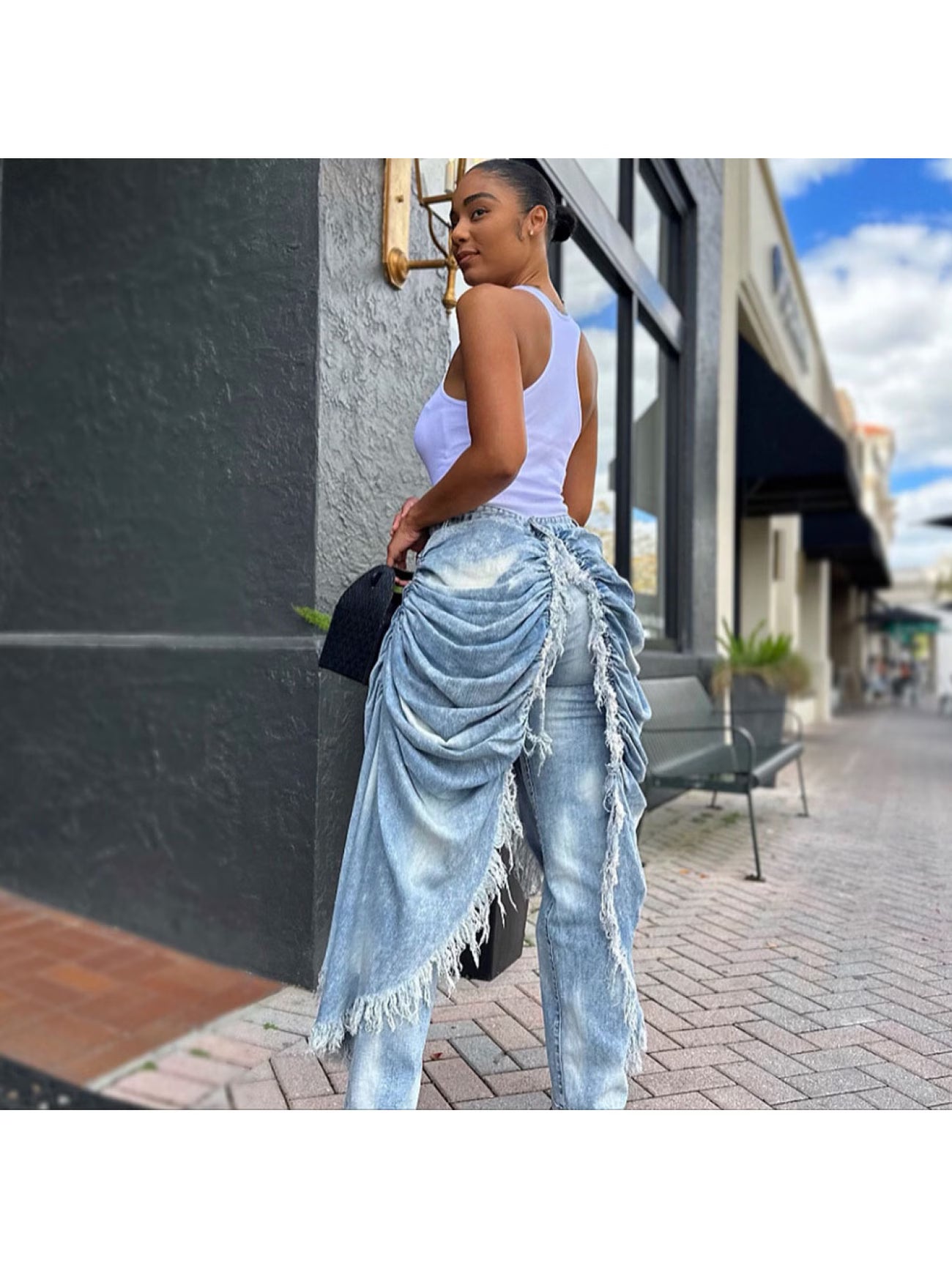 Ruched Fringe Wide-Leg Jeans