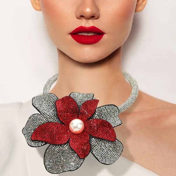 Pearl Centered Bling Studded Oversized Flower Necklace