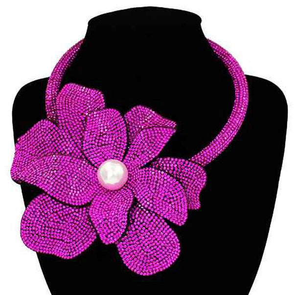 Pearl Centered Bling Studded Oversized Flower Necklace