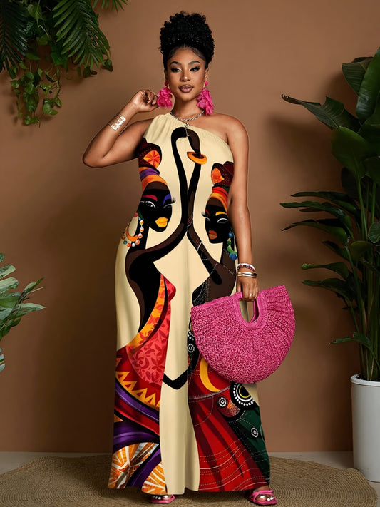 African Lady Print One-Shoulder Jumpsuit