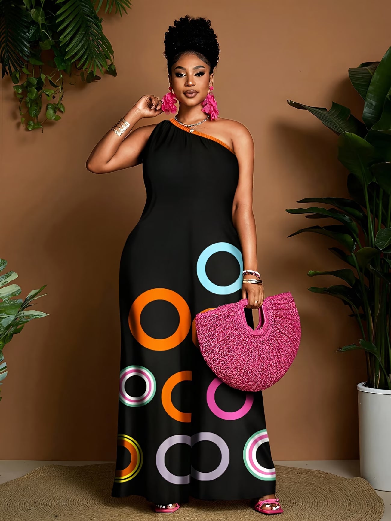 Black Circle Print One-Shoulder Jumpsuit