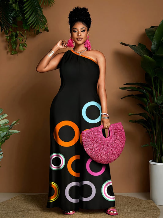 Black Circle Print One-Shoulder Jumpsuit