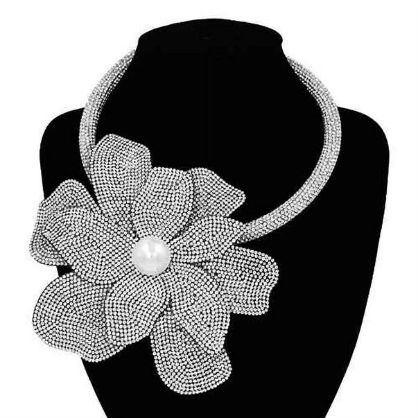Pearl Centered Bling Studded Oversized Flower Necklace