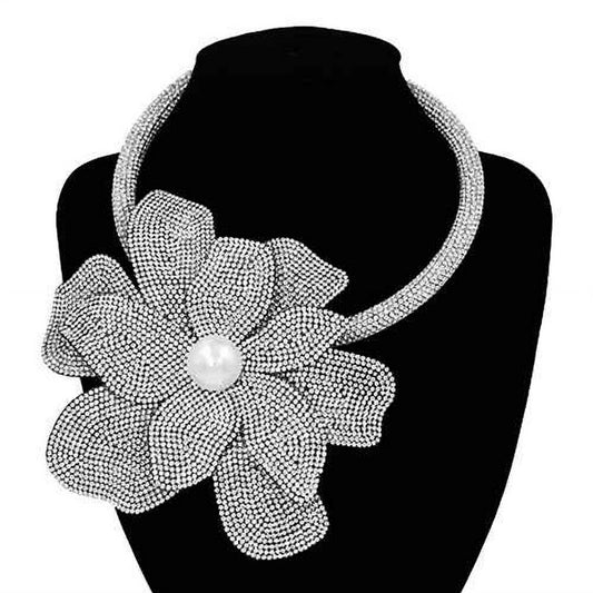 Pearl Centered Bling Studded Oversized Flower Necklace