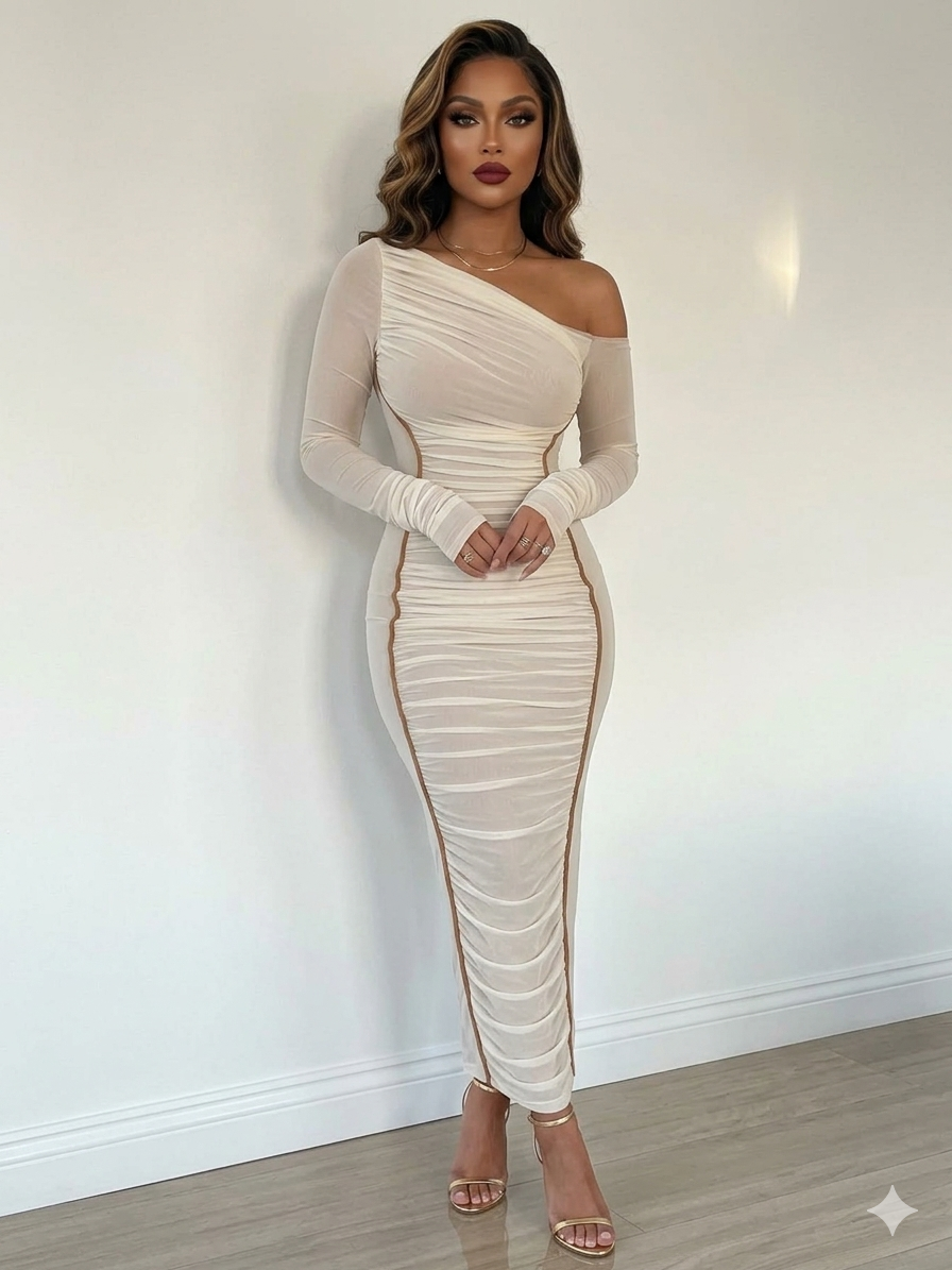One Shoulder Ruched Mesh Maxi Dress
